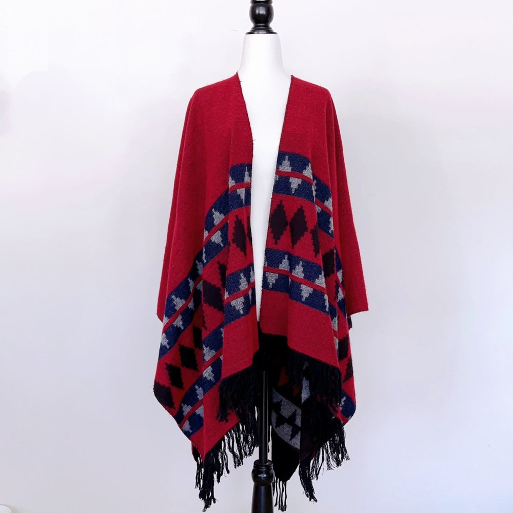 🧣 Reversible Tribal Fringe Shawl – Red & Black Aztec Knit Cape | One Size